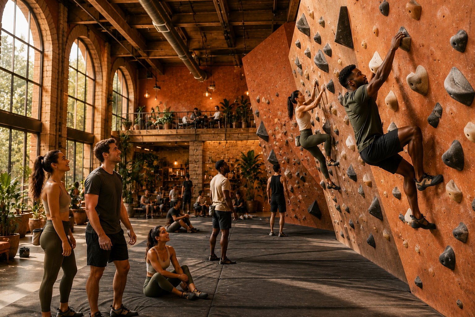 Basecamp indoor climbing wall with climbers and spectators