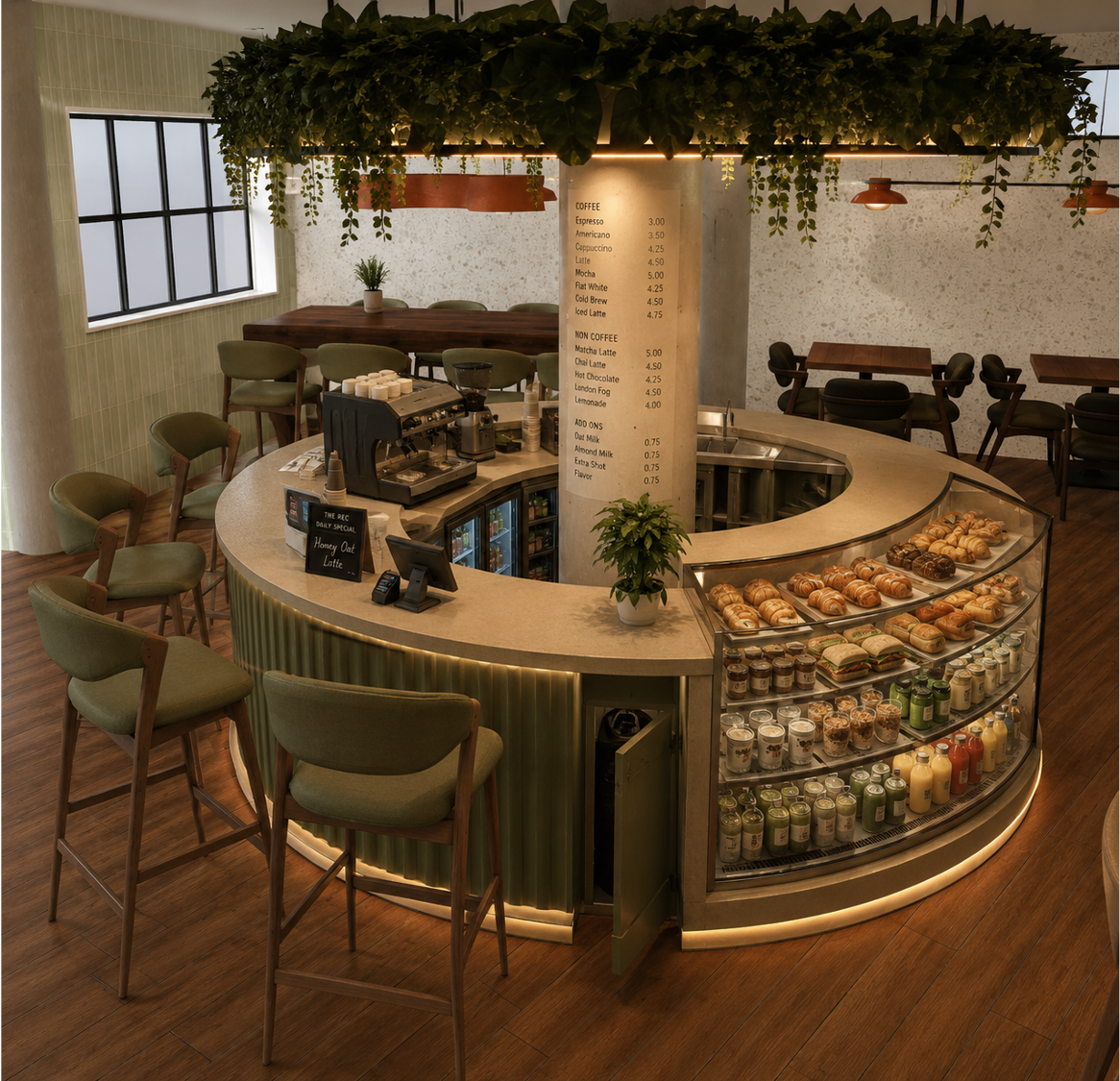 Curved specialty coffee and bakery counter with pastries