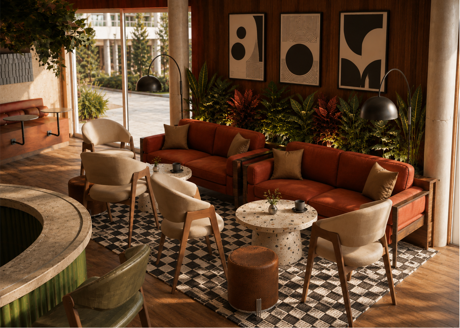 Communal lounge with terracotta sofas and greenery