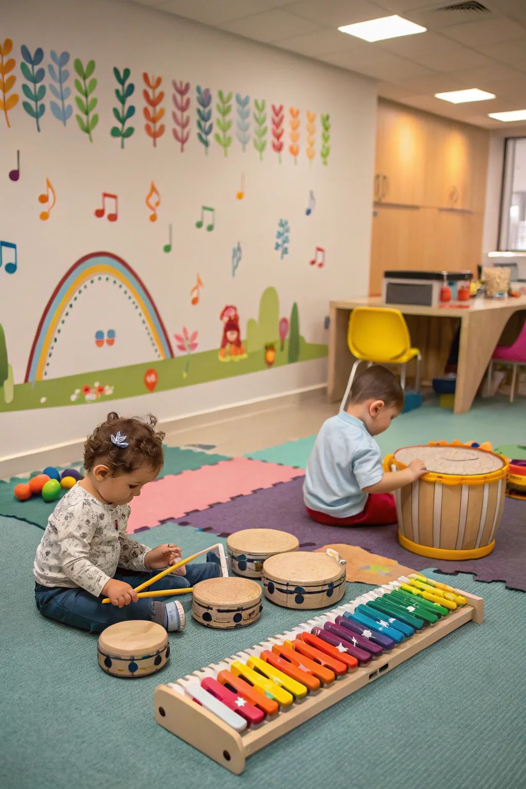 Children playing with instruments in a bright play room