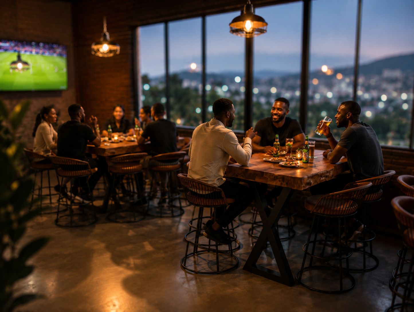 Guests gathering at THE REC at dusk with Kigali skyline