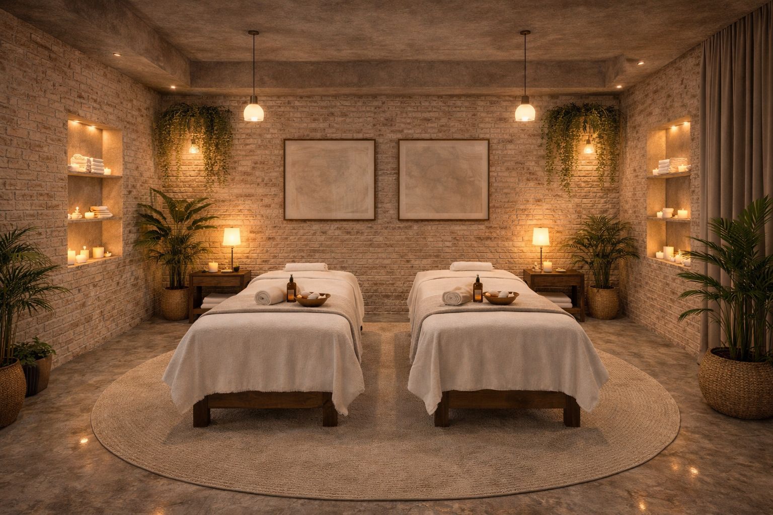 Candle-lit spa treatment room with twin massage beds